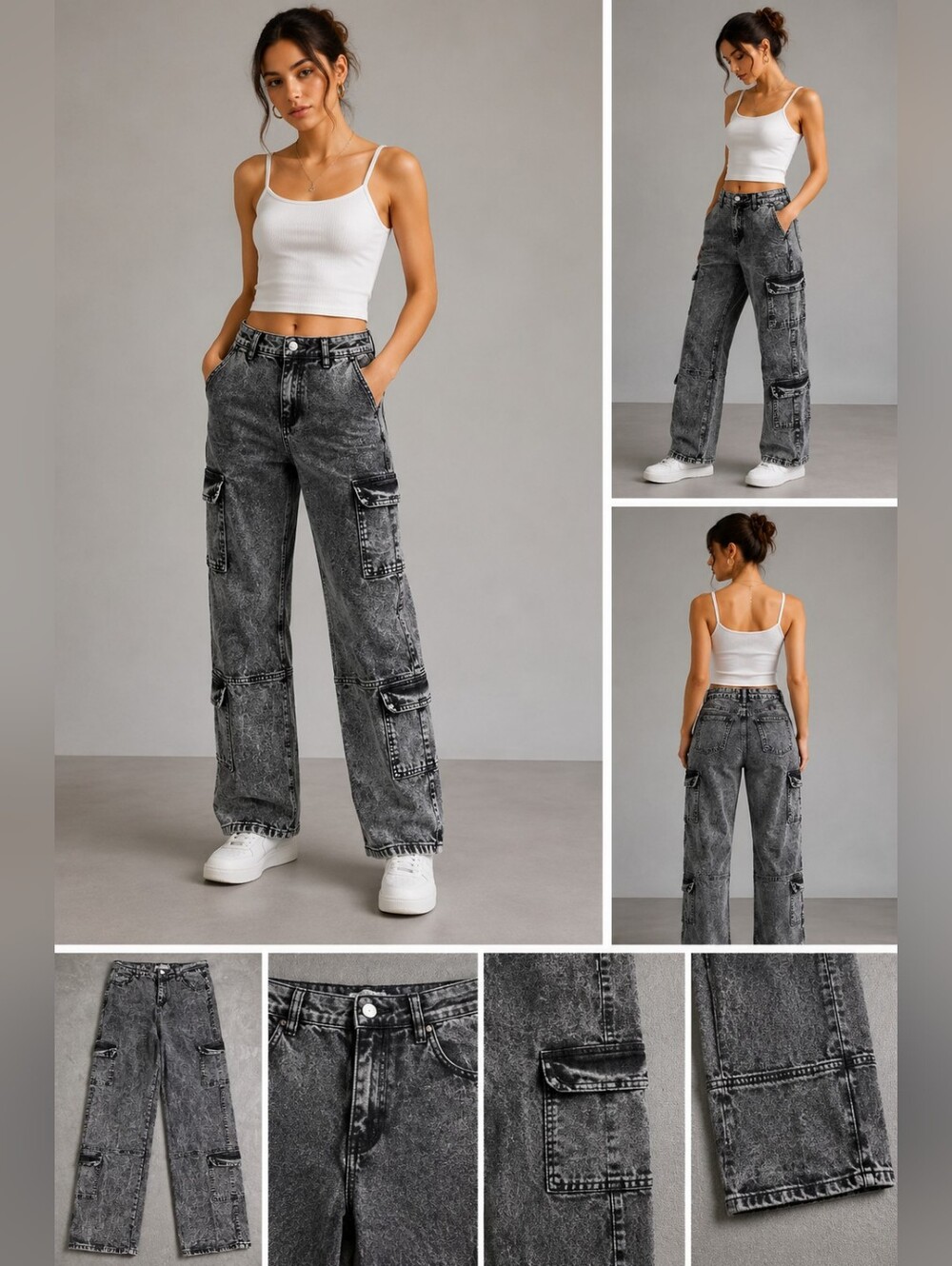 Celebrity Ace Women's Gray Acid Wash Cargo Jeans Size 15/32 Straight Leg Y2K